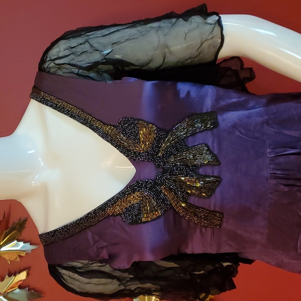 Silk Maxi BIBA Butterfly Beaded Purple Flutter Dress Mid Arm Flutter Sleeves - Picture 4 of 10